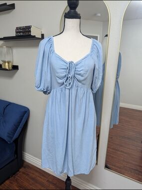 Sky Blue Puff-Sleeve Tie-Front Mini Dress